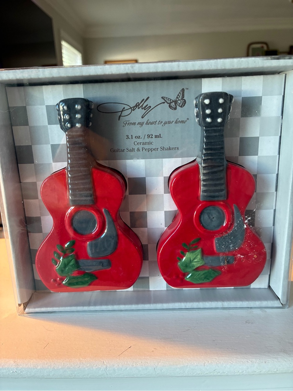 New in Box Dolly Parton Guitar Ceramic Salt & Pepper Shakers - Red
